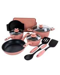 Oster Lynhurst 12 Piece Nonstick Aluminum Cookware Set in Pink with Kitchen Tools