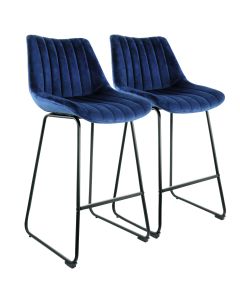Elama 2 Piece Velvet Stripe Stitch Bar Chair in Royal Blue with Metal Legs